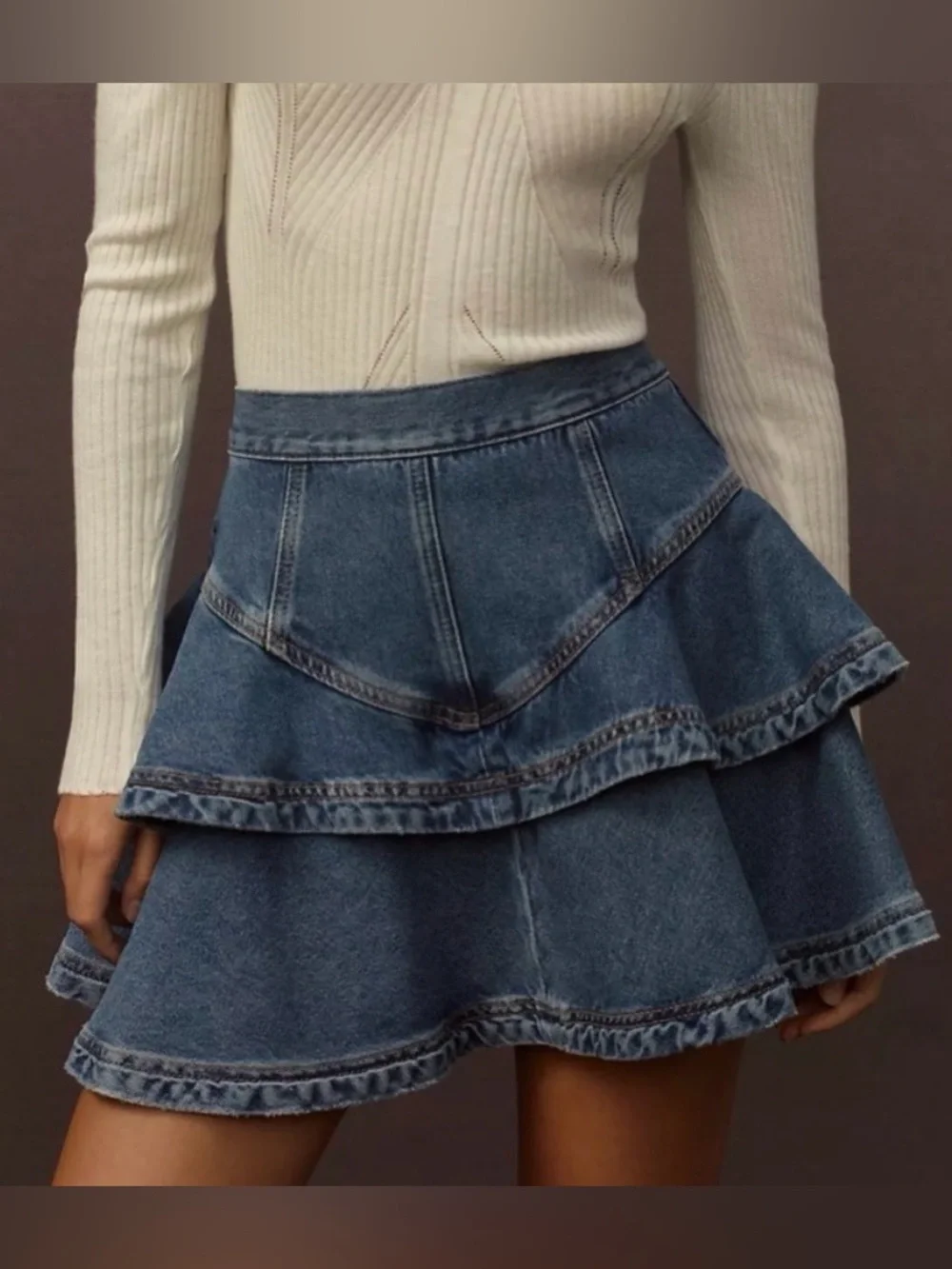 Pilcro Anthropology Yoked Ruffle Mini Denim Blue Jean Western Skirt Size 6
